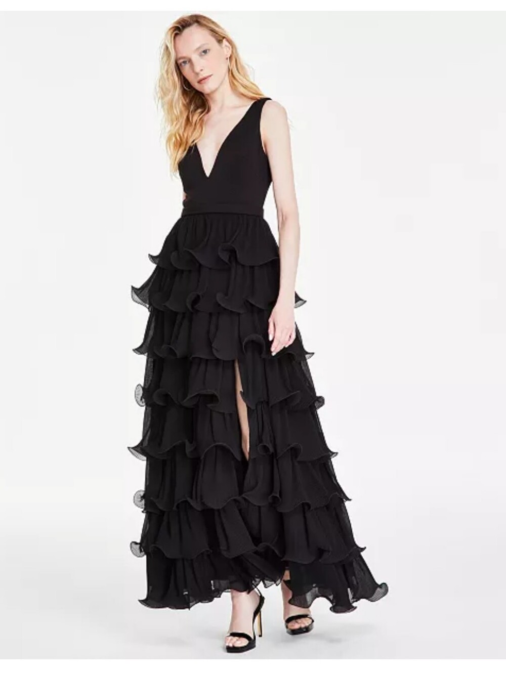 Betsy & Adam  Size 4 Black Tiered Ruffle Maxi Gown Statement Piece Luxury $370